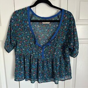 Hollister Womens Blue Ditsy Floral Print Pleated Sheer Chiffon Top Size S Boho